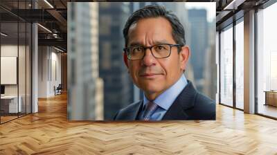 Middle aged Hispanic Executive in Office with City View Wall mural