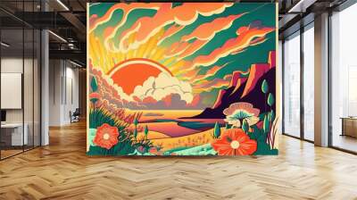 Retro hippie 70s groovy spring or summer landscape poster with flowers Wall mural