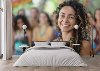 Smiling Hispanic woman with group during yoga retreat Wall mural