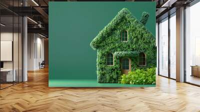 Sustainable eco friendly house covered in green leaves, green background, copy space Wall mural