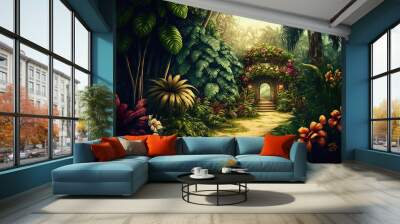 Tropical garden with flowers and secret path. Generative AI Wall mural