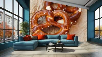 Two traditional soft Octoberfest pretzels on brown paper Wall mural