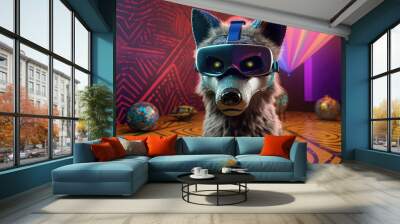 Wolf wearing VR headset in futuristic setting. Virtual reality glasses concept. Generative AI Wall mural