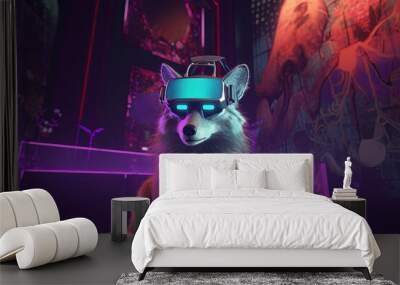 Wolf wearing VR headset in futuristic setting. Virtual reality glasses concept Wall mural