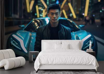 Young Asian man next to blue luxury sport car. Nightlife Wall mural