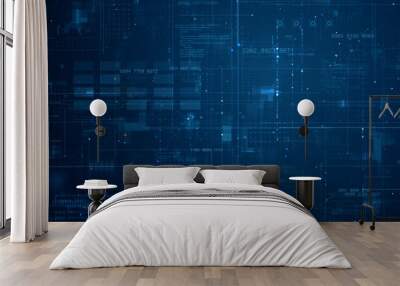 Blue data matrix simulation digital line and grid technology with futuristic HUD screen on abstract background concept Wall mural