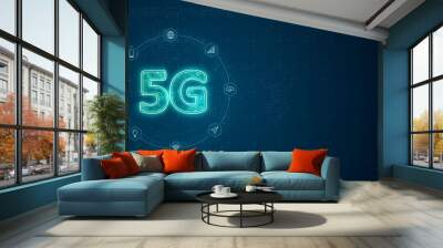 Blue digital 5G LOGO with line connection and data transfer to futuristic icon technology on abstract background concept Wall mural