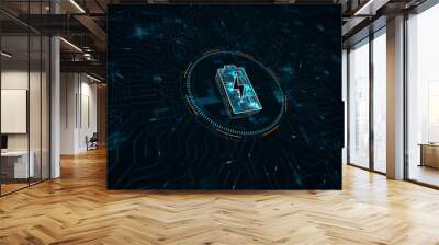 Motion graphic of Blue digital battery logo electrical power concept and futuristic technology circle HUD with circuit board and data transfer on abstract background perspective Wall mural