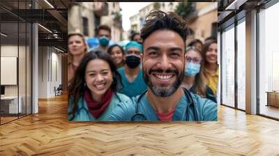 A group of healthcare workers from different countries, demonstrating solidarity in the face of global health challenges Wall mural