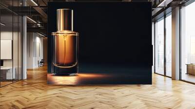 elegant skincare bottle with glowing gold liquid inside, beautifully illuminated against dark background, exuding luxury and sophistication Wall mural