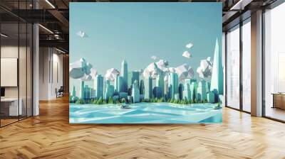 In a futuristic low poly 3D city, the skyline is molded by creativity Wall mural