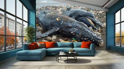 The convergence of climate change and ocean pollution in endangering marine life was vividly portrayed by a pair of stranded whales beached on a shore strewn with plastic debris Wall mural