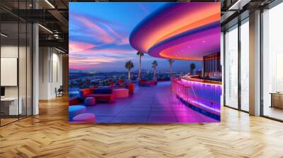 The vibrant glow of neon lights enhances the panoramic views of the city skyline offered by a rooftop bar Wall mural