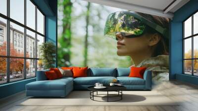 woman wearing augmented reality glasses in lush forest, experiencing nature through digital enhancements. serene environment enhances her connection to outdoors Wall mural