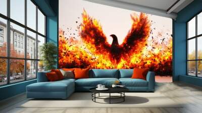 A fiery phoenix rising from ashes with vibrant flames and sparks. Wall mural