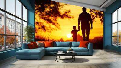 A heartwarming silhouette of a father and child walking hand in hand during a beautiful sunset, symbolizing love and connection. Wall mural