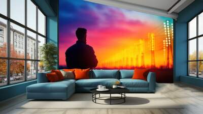 A silhouette of a person against a vibrant sunset sky, with electric towers illuminated in the foreground, creating a serene atmosphere. Wall mural