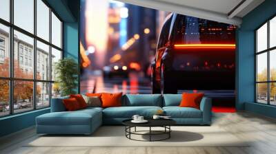 A sleek car illuminated by city lights, showcases modern urban life at dusk, capturing the essence of travel and adventure. Wall mural