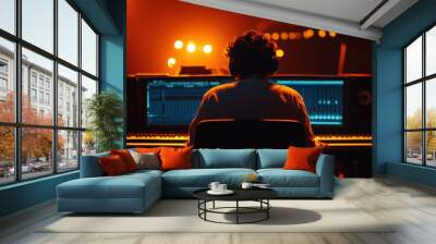 A sound engineer working in a dimly lit studio, focused on mixing music with digital equipment and glowing monitors. Wall mural