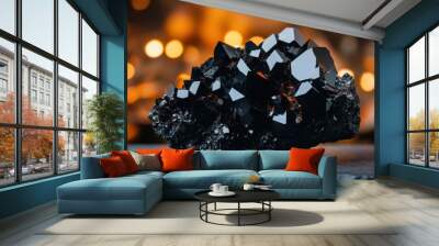 A stunning black crystal cluster showcasing intricate facets and a reflective surface, perfect for mineral lovers and collectors. Wall mural