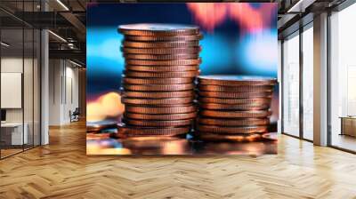 Close-up view of stacked coins on a blurred background, symbolizing wealth and finance, ideal for business and economic themes. Wall mural