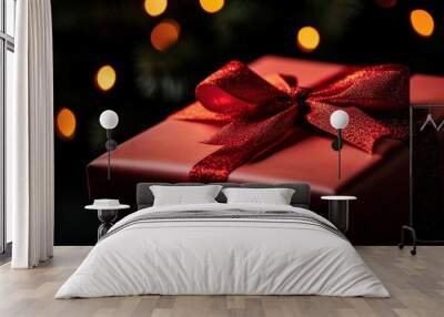 Festive red gift box with ribbon, glowing lights in the background. Wall mural