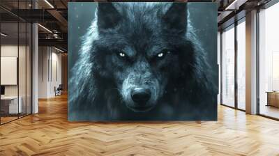 Majestic black wolf with glowing eyes in a mystical forest setting. Wall mural