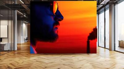 Silhouette of a contemplative man against a vibrant sunset and industrial smoke. Wall mural