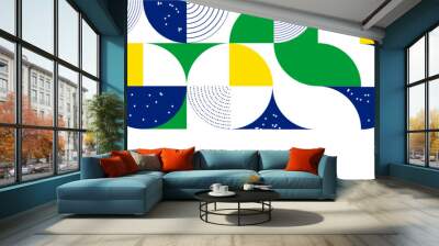 Abstract modern geometric background from simple geometric shapes, circles, circles. The colors of the flag of Brazil are green, blue, yellow. Wall mural