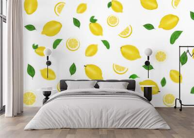 Background with lemons and leaves and blurred. bright Bright light pattern with 3D Fresh lemons for fabric, label application, t-shirt print, wallpaper, backgrounds Wall mural