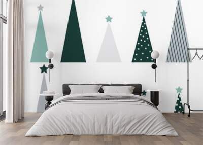 Christmas or new year collection with Scandinavian style Christmas trees in green and gray tones. Forest texture doodles for holiday design greeting cards, fabric or wrapping paper Wall mural