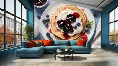 pancakes with berries,  milk Wall mural