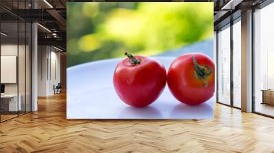 Two red fresh small ripe cherry tomatoes laying on a white plate background in a farm ready to be used in a salad as an ingredient Wall mural