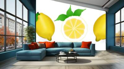 Realistic lemon, whole and sliced ​​with green leaf, sour fresh fruit, bright yellow peel, set of vector illustrations of lemons isolated on white background Wall mural