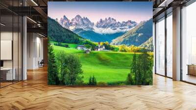 Santa Maddalena Village, Val di Funes, South Tyrol, Italy, Europe. Dolomites Alps. A wonderful mountain landscape in the beautiful morning light Wall mural