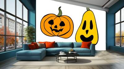 Set of two Halloween Pumpkins Jack Lanterns. Two different pumpkins with cut out faces. Black outline, colored fills. Different orange shades. Computer graphics. Isolated on white background. Wall mural