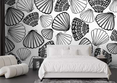 Set with seashells in black outline on white background. Different sizes and textures. Doodle. The shells are filled with straight and wavy lines. Summer, vacation, rest on the beach. Tropical pattern Wall mural