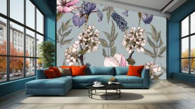 Floral seamless pattern with watercolor irises, magnolia, cherry blossom and muscari. Wall mural