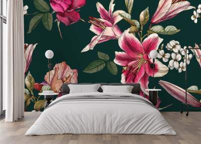 Floral seamless pattern with watercolor lilies, irises, rose and white apple blossom Wall mural