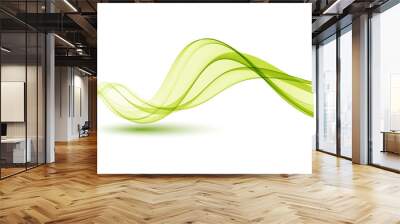 Abstract green wavy lines. Green transparent wave, green wave smoke Wall mural