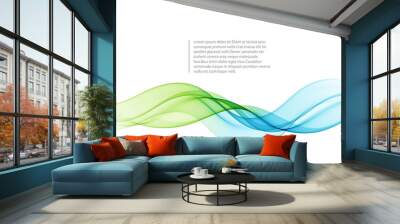 Blue and green wave design element on white background. Transparent lines abstract wave shape. Wall mural