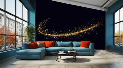 Golden shimmering wave with light effect on black background. Glittering trail of stardust. Wall mural