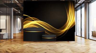 Luxurious black and gold podium, stage with gold glitter and gold abstract transparent wave, dark room. Demonstration promotional products. Wall mural