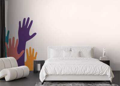 Banner of popular support and solidarity. Hands up in solidarity, People of different races with palms up, Human Rights Day, rally. Multicoloured silhouettes of people's hands, interracial vector Wall mural