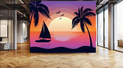 Evening on the beach with palm trees and sailboat. Colorful illustration for relaxation. Orange sunset on orange sky with silhouette of a sailboat floating on the sea. Vector flat illustration Wall mural