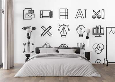 Graphic design, creative package, stationary, software and more, thin line icons set Wall mural