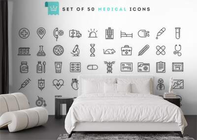 Set of 50 medical icons, thin line style Wall mural