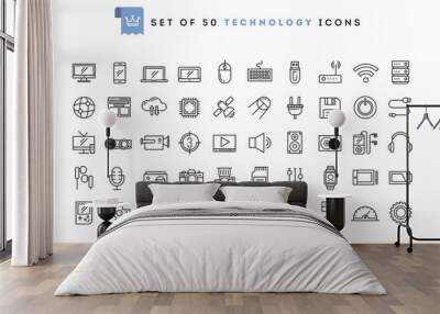 Set of 50 technology icons, thin line style Wall mural