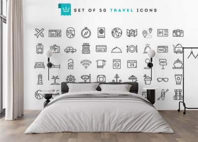 Set of 50 travel icons, thin line style Wall mural