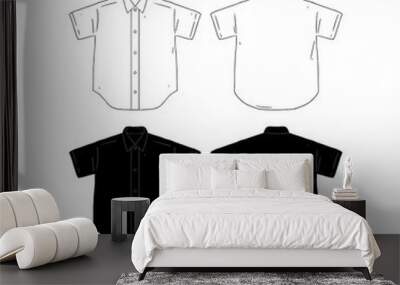 Set of blank short sleeve shirt design template hand drawn vector illustration. Front and back shirt sides. White and black male shirt on white background. Wall mural